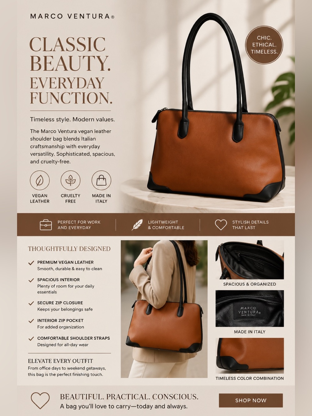 Italian-Made Shoulder Bag — Brown with Black Trim